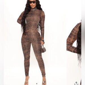 Fashion Nova Crocodile Print Jumpsuit - Brown